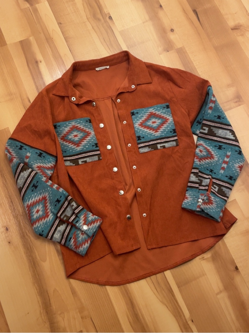 Rust Orange Button-Down Long Sleeve Top with Southwestern Accents